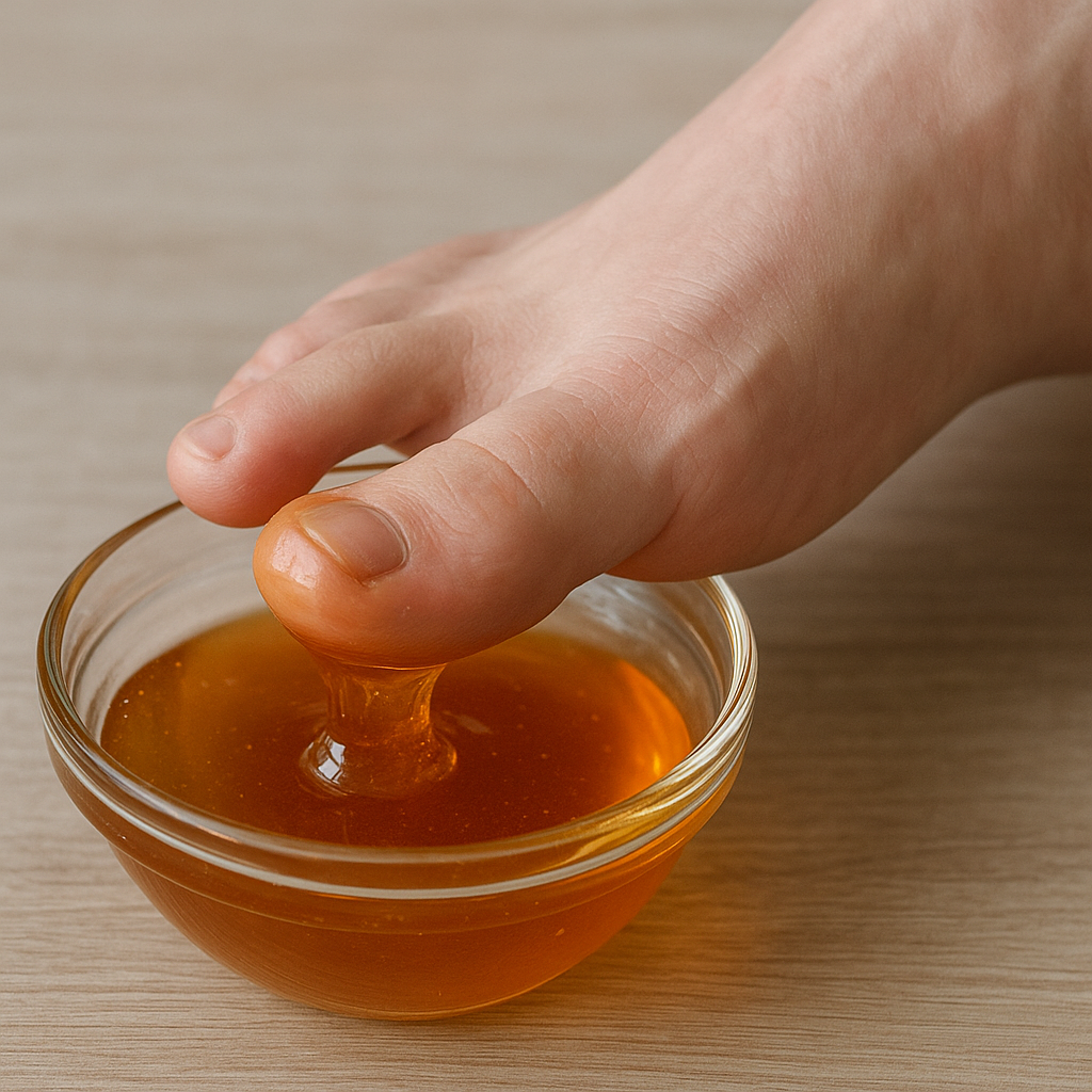 A close-up of a foot dipping into a bowl of golden honey for natural skincare