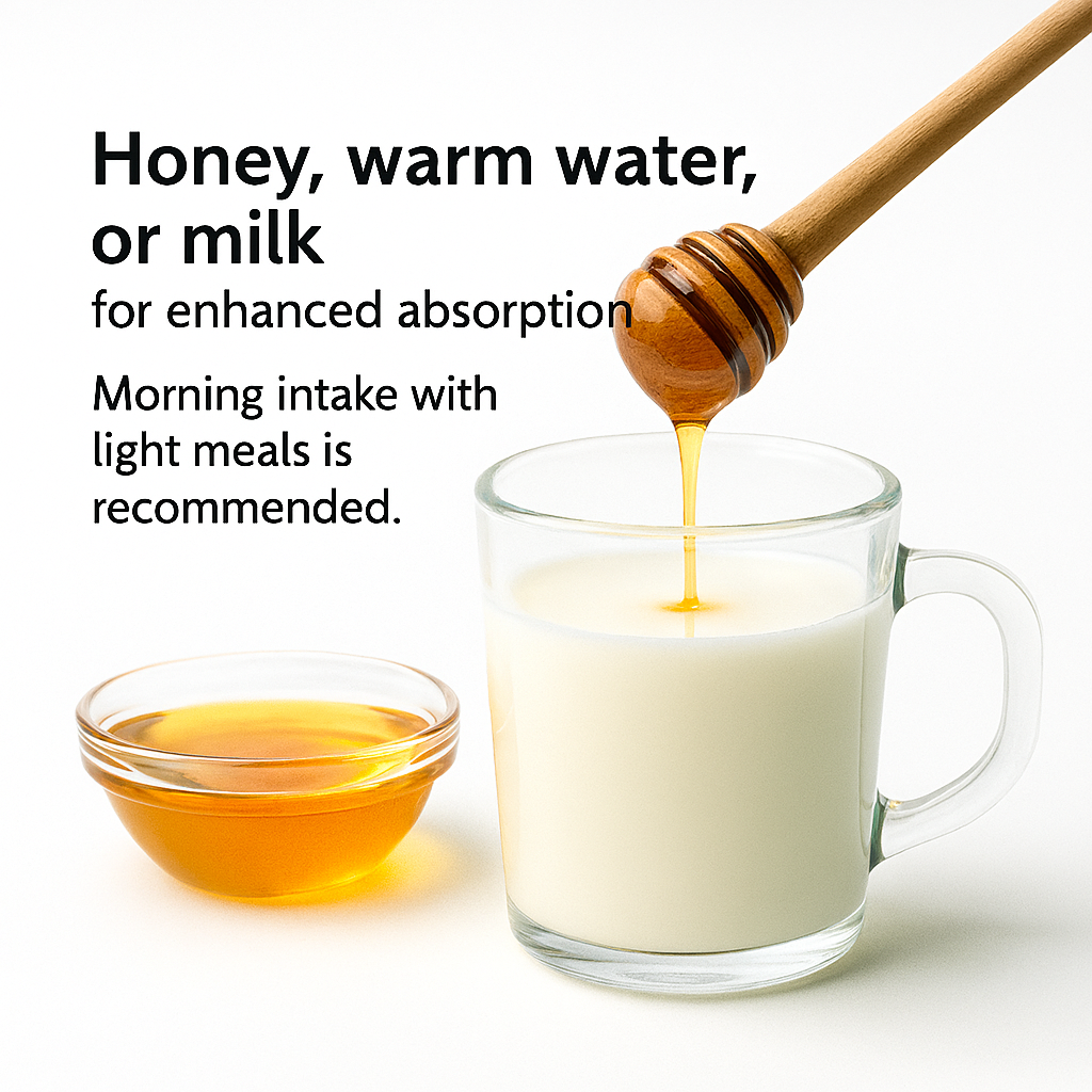 Realistic image of honey being drizzled into a glass mug of milk, with a bowl of golden honey beside it and text recommending morning intake with light meals for better absorption.