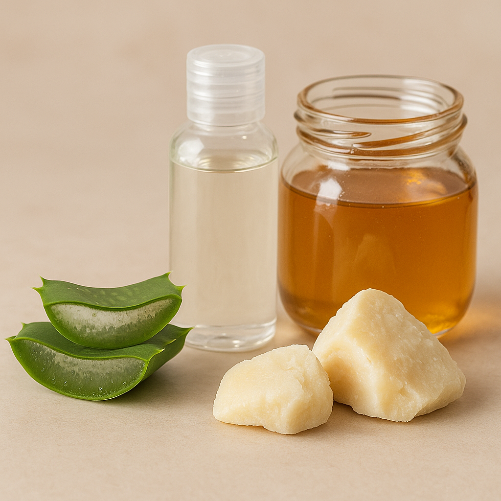 “Realistic photo of aloe vera gel, glycerin, honey jar, cocoa butter, and shea butter used for natural hydration and skin care.”