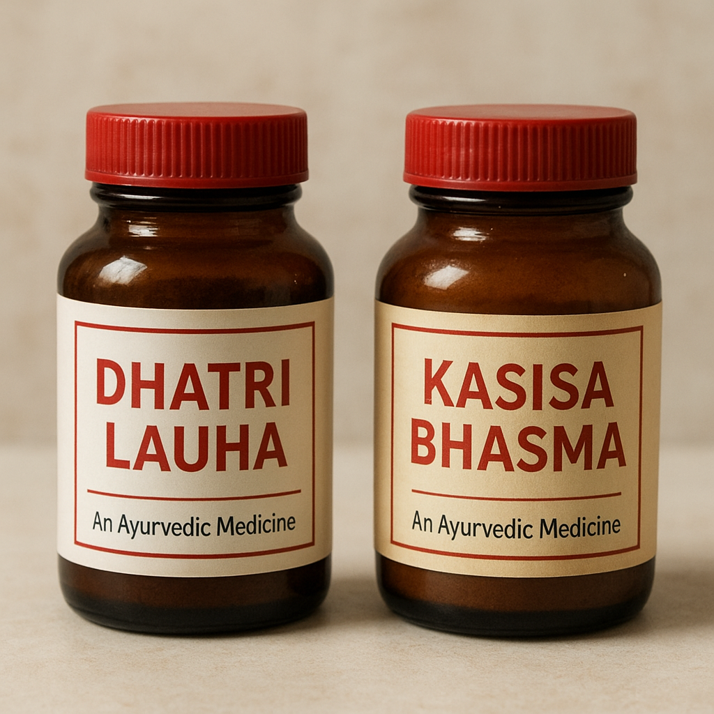 Two Ayurvedic medicine bottles labeled Dhatri Lauha and Kasisa Bhasma used in iron deficiency anaemia treatment.
