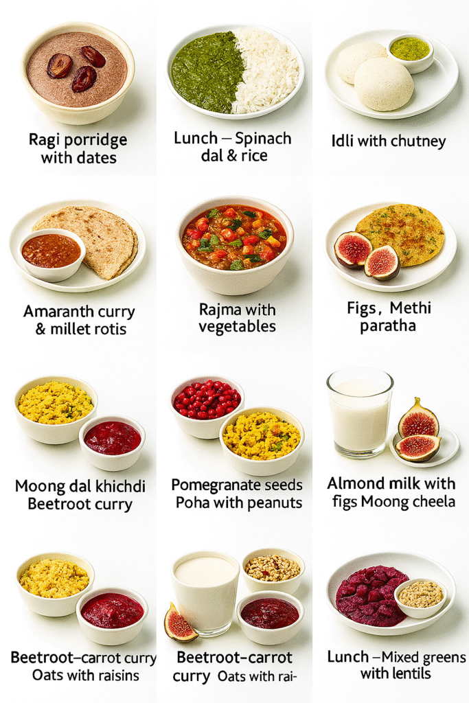 Grid of twelve realistic images showing Ayurvedic meals including ragi porridge with dates, spinach dal with rice, idli with chutney, amaranth curry with millet rotis, rajma with vegetables, figs with methi paratha, moong dal khichdi with beetroot curry, pomegranate seeds with poha, almond milk with figs and moong cheela, beetroot–carrot curry with oats and raisins, and mixed greens with lentils.