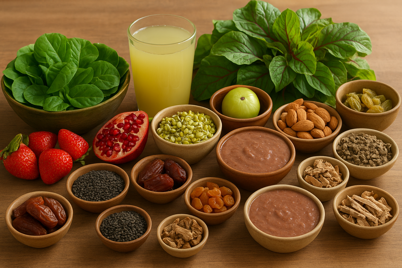 A wooden table displaying Ayurvedic iron-rich foods like spinach, amaranth, pomegranate, sprouted moong, dates, almonds, black sesame, figs, raisins, and herbal remedies with a glass of amla juice and ragi porridge.