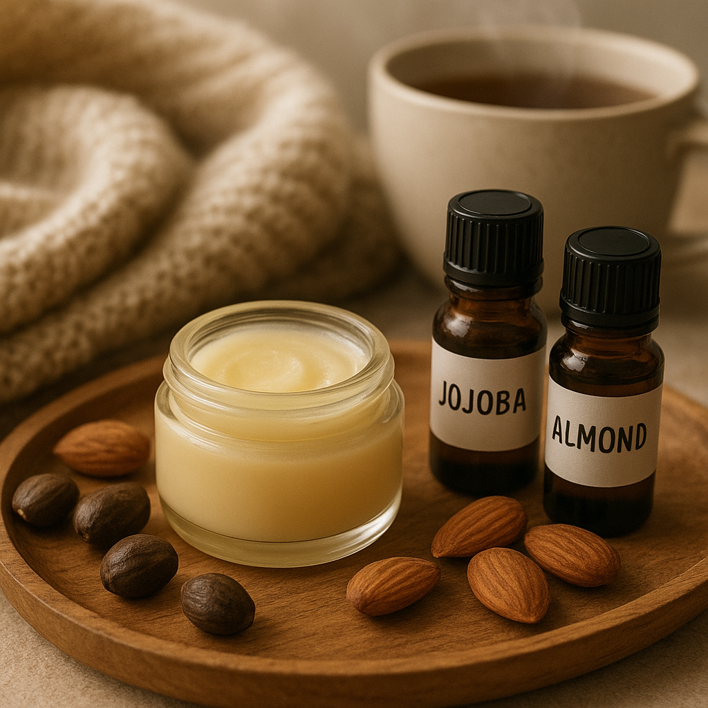 A small glass jar of creamy lip balm on a wooden tray surrounded by almonds, jojoba seeds, and bottles labeled jojoba and almond oil, with a knitted scarf and cup of tea in the background.