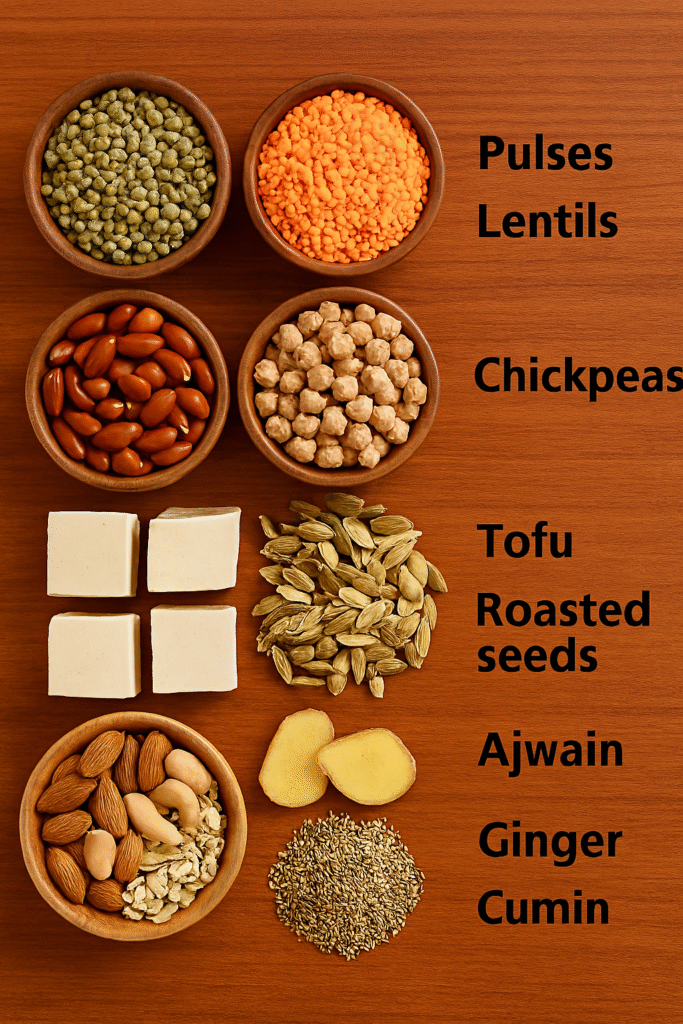 Top-down image of healthy snacks and spices including pulses, lentils, beans, chickpeas, tofu cubes, roasted seeds, mixed nuts, ajwain seeds, ginger slices, and cumin seeds arranged on a wooden surface.