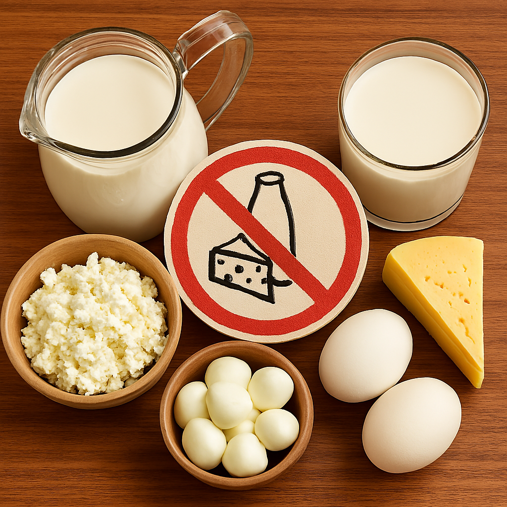 Top-down image of dairy products on a wooden surface with a red warning sign crossing out milk and cheese, symbolizing lactose intolerance.