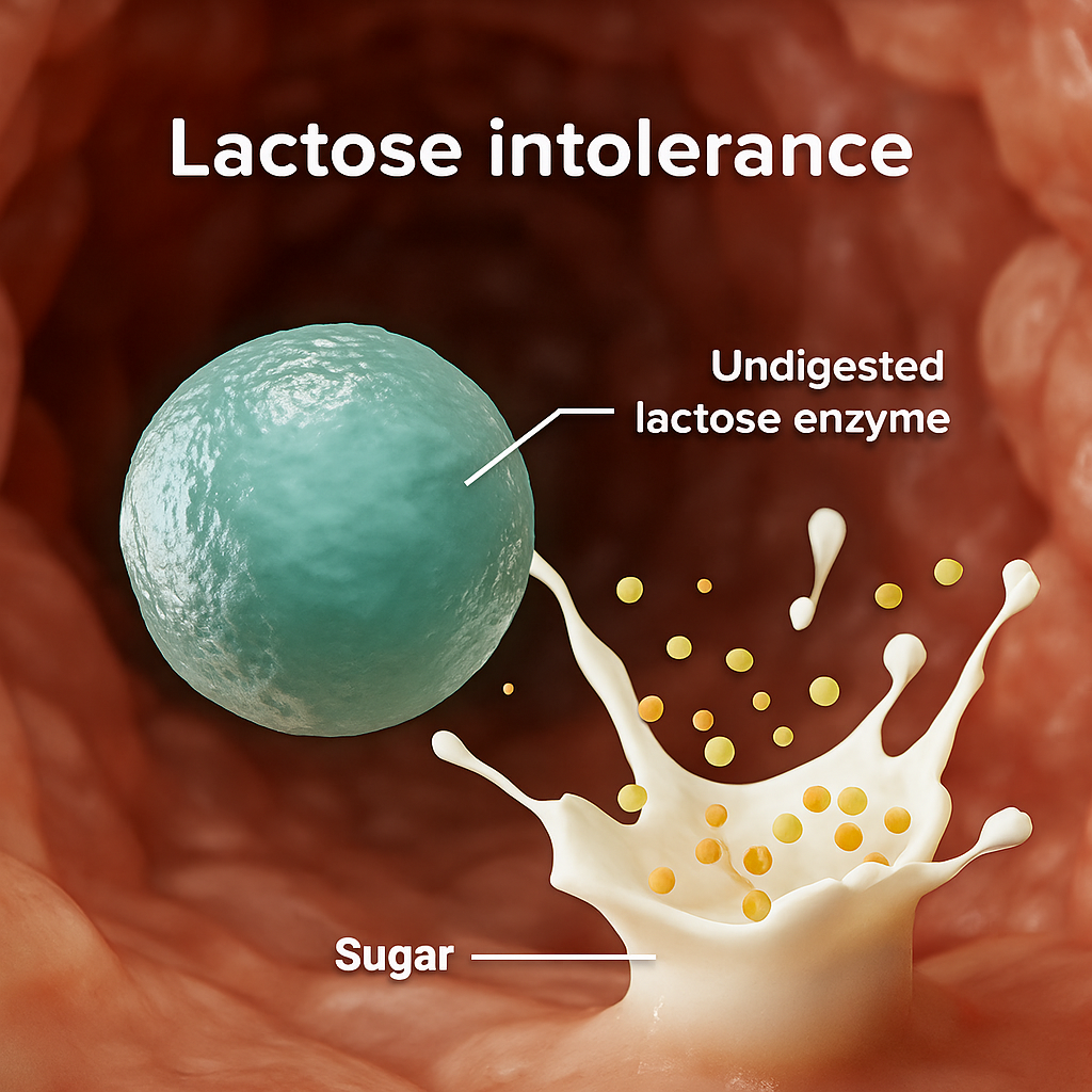 3D-rendered image showing a translucent teal sphere labeled “Undigested lactose enzyme” and a splash of milk with golden sugar molecules labeled “Sugar,” set against the textured surface of the small intestine.