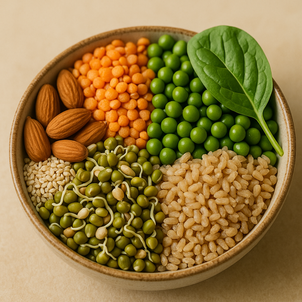 A bowl filled with legumes, whole grains, seeds, sprouts, almonds, and green peas, symbolizing a nutritious vegetarian meal.