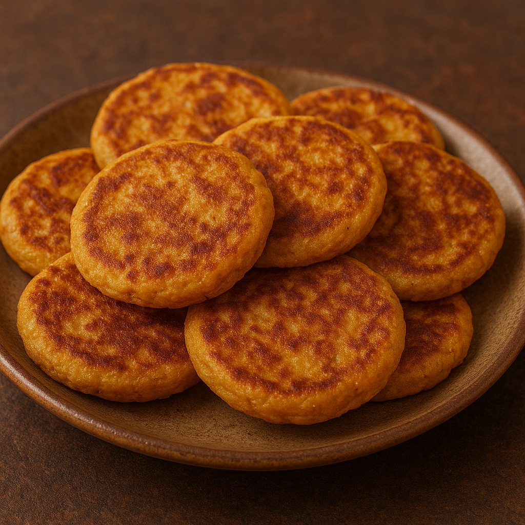 A plate of crispy mixed lentil adai mini-pancakes with a bowl of orange chutney on the side