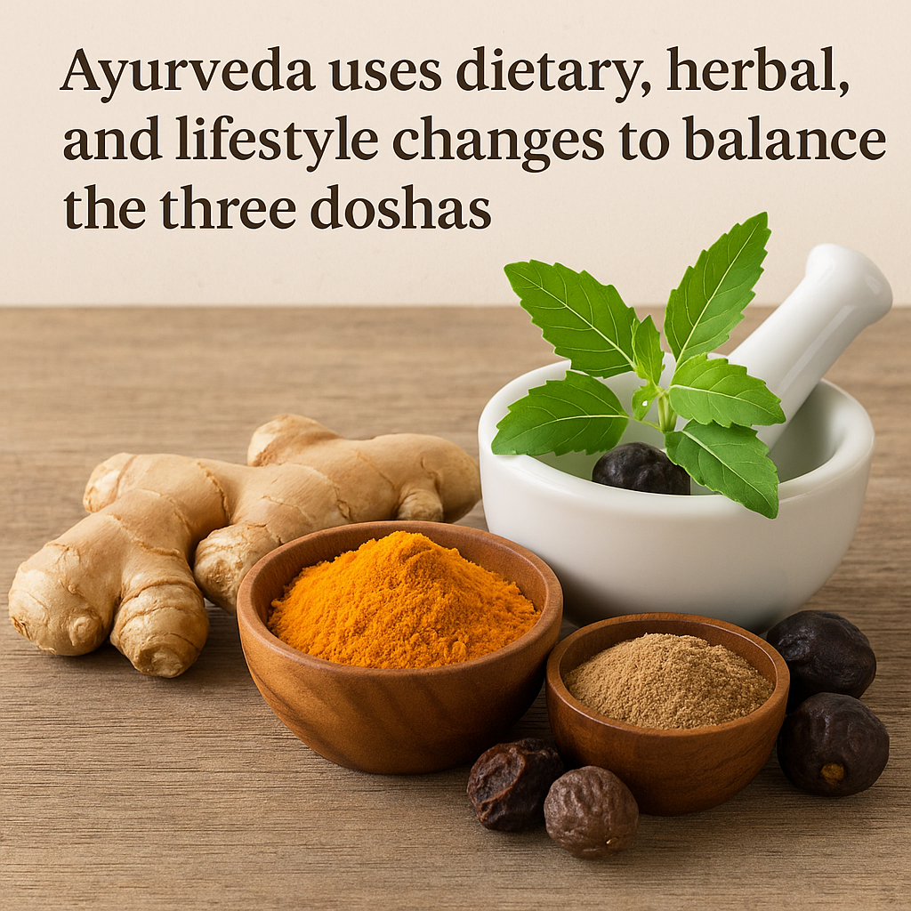 Turmeric, ginger, tulsi, and herbal powders representing Ayurveda’s dietary and herbal remedies for balancing the three doshas.