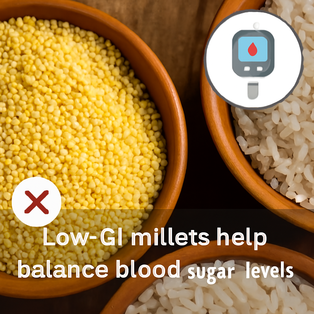 Side-by-side bowls of yellow millet and white rice on a rustic wooden surface, with icons highlighting millet’s blood sugar benefits and refined grains’ drawbacks.
