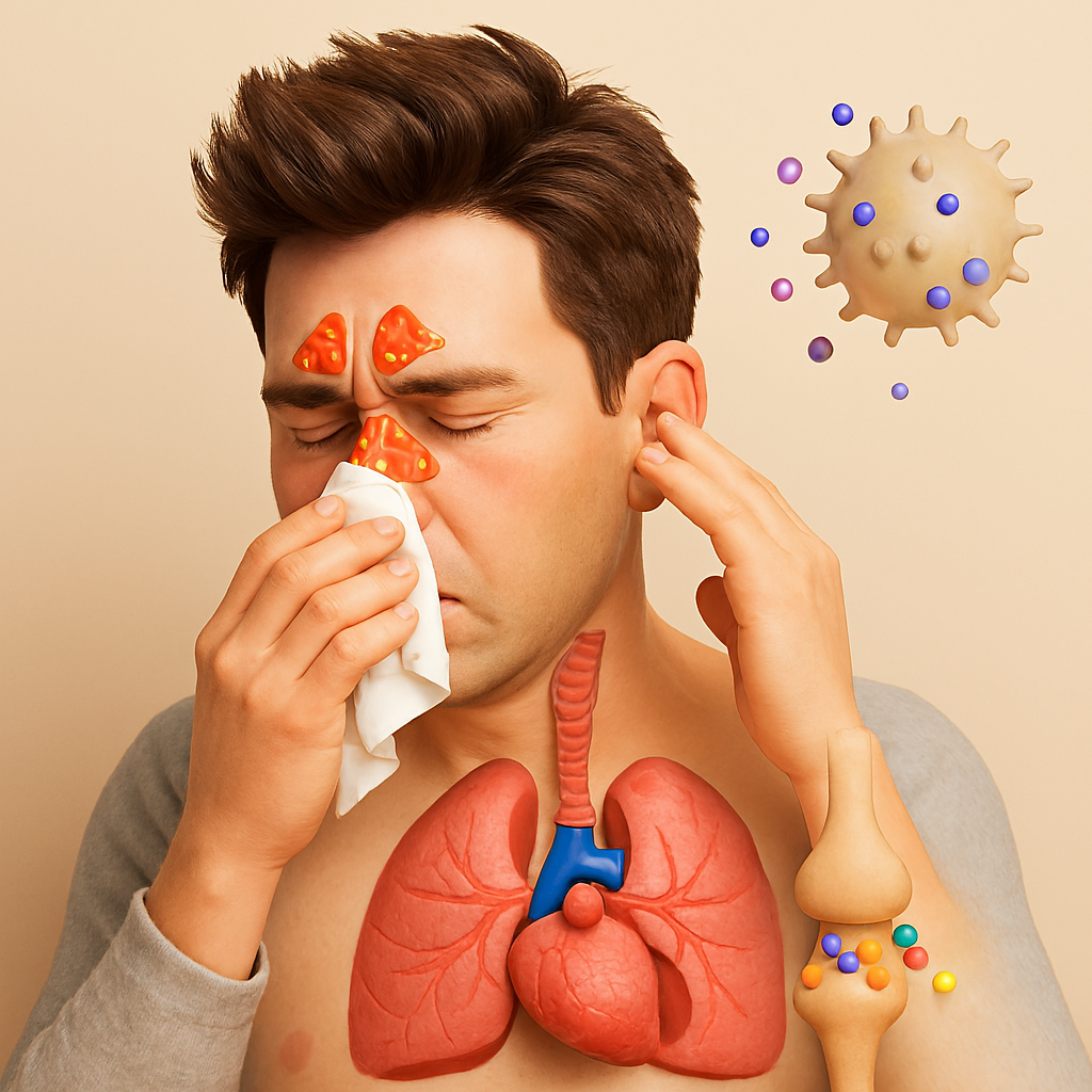 3D-rendered anatomical illustration of a man showing symptoms of low immunity and emotional imbalance. His sinuses and lungs appear inflamed, immune cells are weakened, and neurotransmitter imbalance is depicted through stylized synaptic activity. The man holds a tissue to his nose and presses his temple, conveying physical and emotional distress.