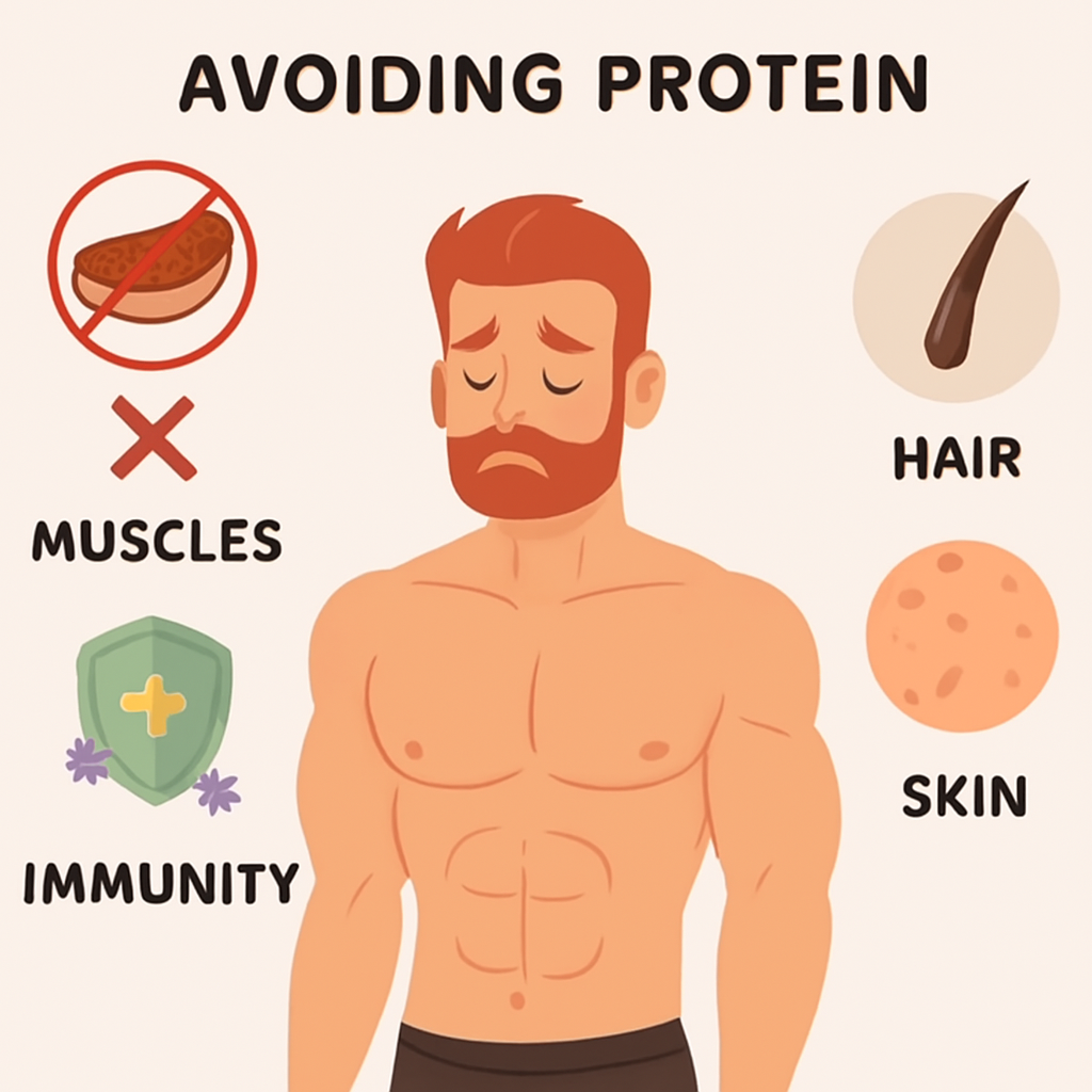 Illustration of a muscular man with a red "X" over a steak icon, surrounded by labeled effects of protein deficiency: weakened muscles, compromised immunity (shield with virus particles), hair damage (strand close-up), and skin issues (red bumps).