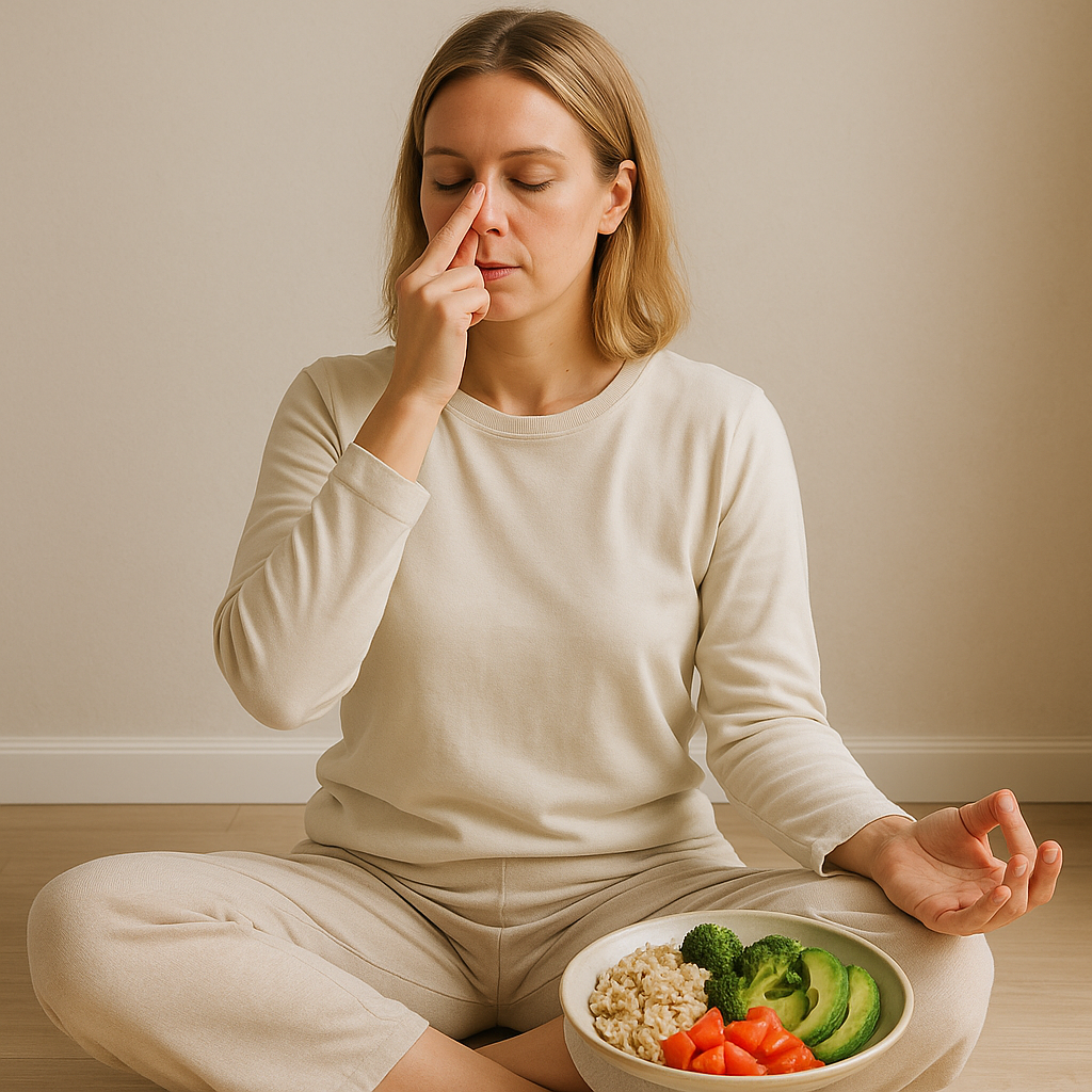 Woman sitting cross-legged indoors, practicing pranayama with one hand on her nose and a bowl of fresh vegetables and rice placed beside her.