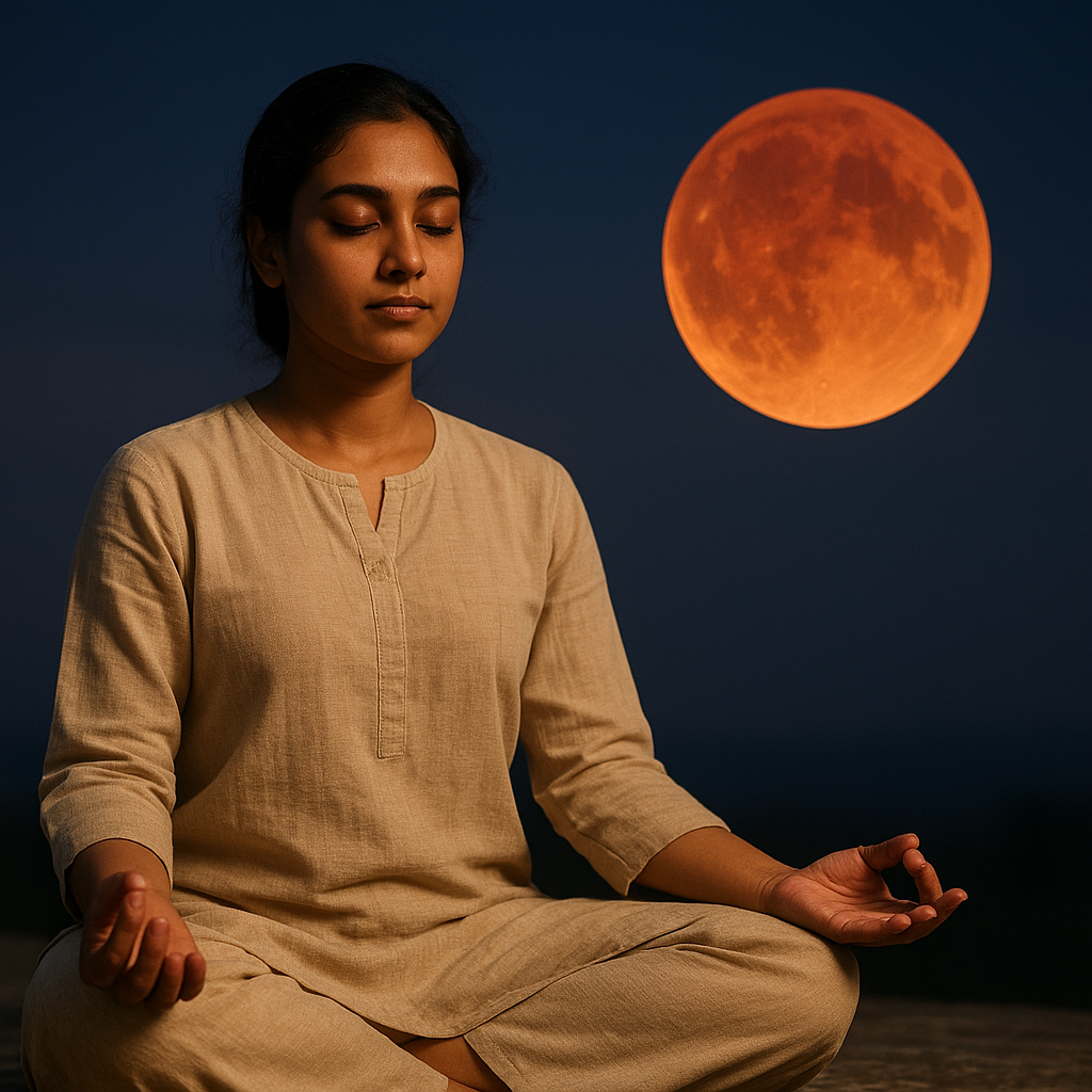 "A South Asian woman meditating peacefully under a reddish lunar eclipse, symbolizing introspection, mantra chanting, and spiritual practice."