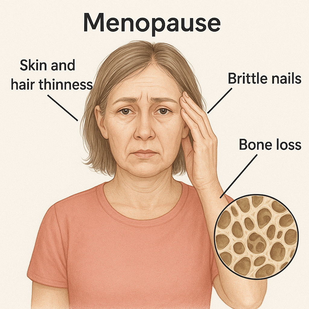 "Realistic medical illustration of a middle-aged woman showing effects of menopause, including thinning hair, brittle nails, and bone loss with a magnified view of porous bone structure."