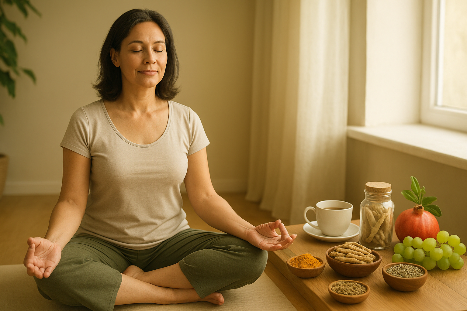 A serene middle-aged woman meditating beside Ayurvedic herbs, turmeric, ashwagandha, pomegranate, and grapes, symbolizing natural menopause remedies without hormones.