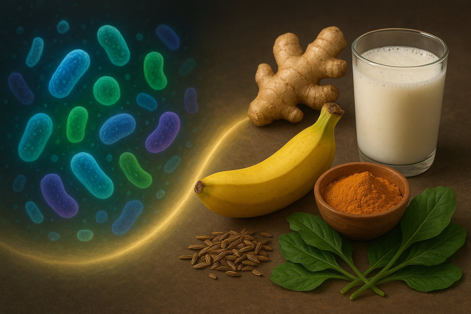 3D realistic image showing glowing microbiome bacteria on one side and Ayurvedic foods like turmeric, ginger, banana, cumin, spinach, and buttermilk on the other, symbolizing gut health.