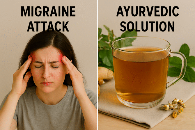 A split-scene image shows a woman pressing her temples in migraine pain on the left, and Ayurvedic remedies like herbal tea, ginger, tulsi, peppermint, and chamomile arranged on a wooden surface on the right.
