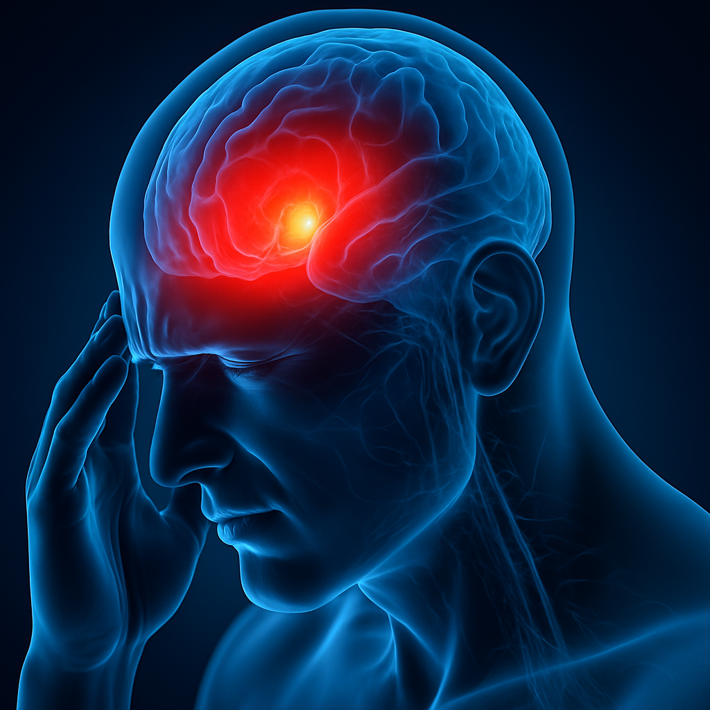 3D rendered medical image of a human head highlighting migraine pain with red glowing region in the brain
