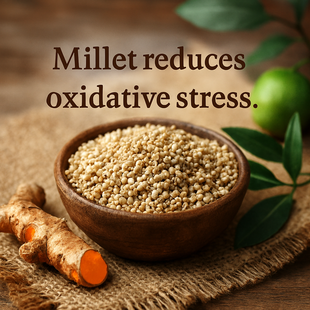 A wooden bowl filled with millet grains sits on burlap beside turmeric root and green herbs, with the text “Millet reduces oxidative stress” overlaid in brown serif font.