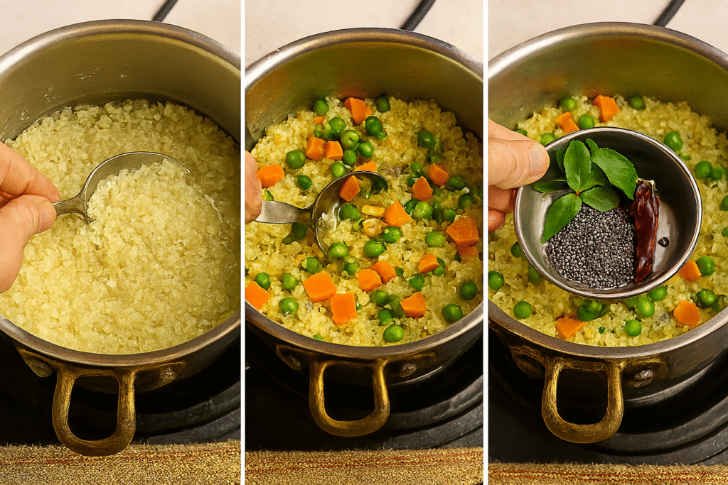 Three-step cooking process: (1) stirring soft-cooked millet in a stainless steel pot, (2) mixing in diced carrots and green peas, and (3) adding mustard seeds, curry leaves, and dried red chili from a small bowl. All steps shown from above with hands in action.