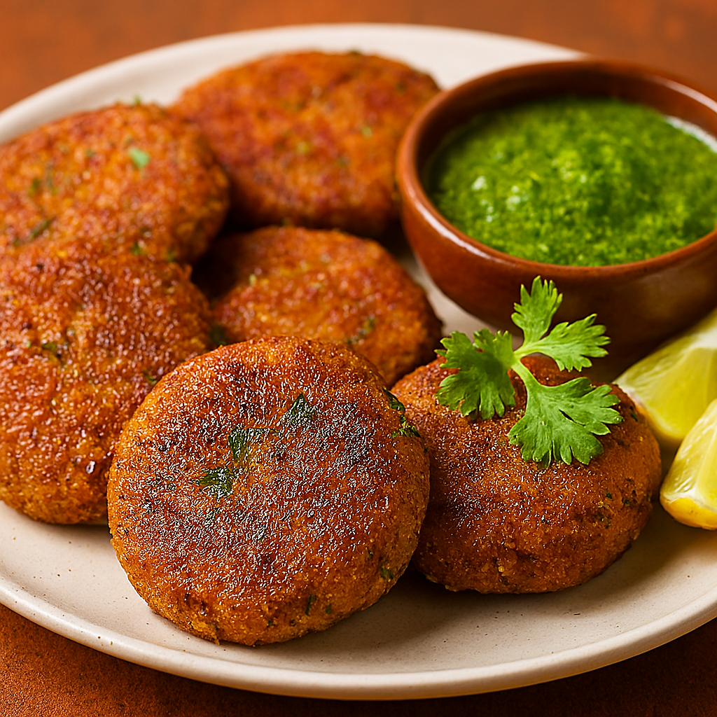 Golden-brown millet cutlets made from mashed vegetables and spices, served on a white ceramic plate with green mint-coriander chutney, lemon wedges, and coriander garnish. Warm lighting enhances the healthy, appetizing presentation.