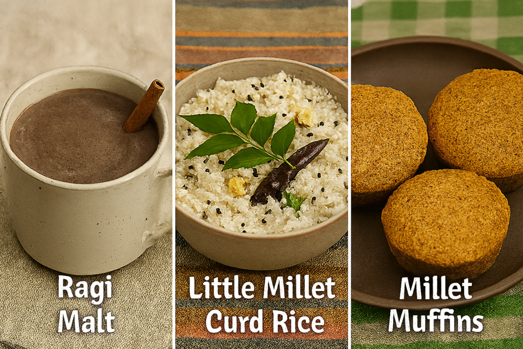 Side-by-side image of three millet-based dishes: Ragi Malt in a ceramic mug with a cinnamon stick, Little Millet Curd Rice garnished with curry leaves and red chili, and two golden Millet Muffins on a brown plate. Each dish is labeled in white text.