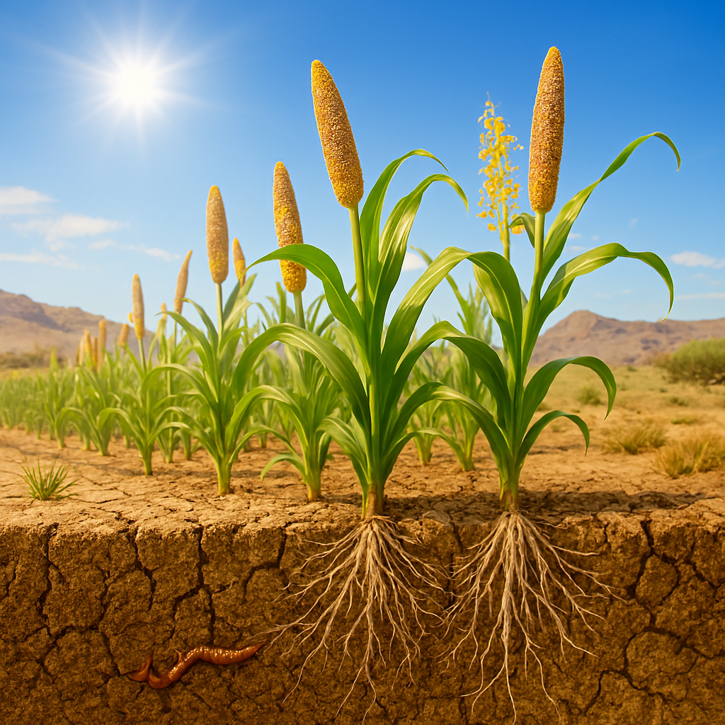 Realistic image of millet plants growing in cracked, dry soil with deep root systems visible in a cutaway section; flowering stalks under bright sunlight illustrate drought escape, with a dry landscape and sparse vegetation in the background.