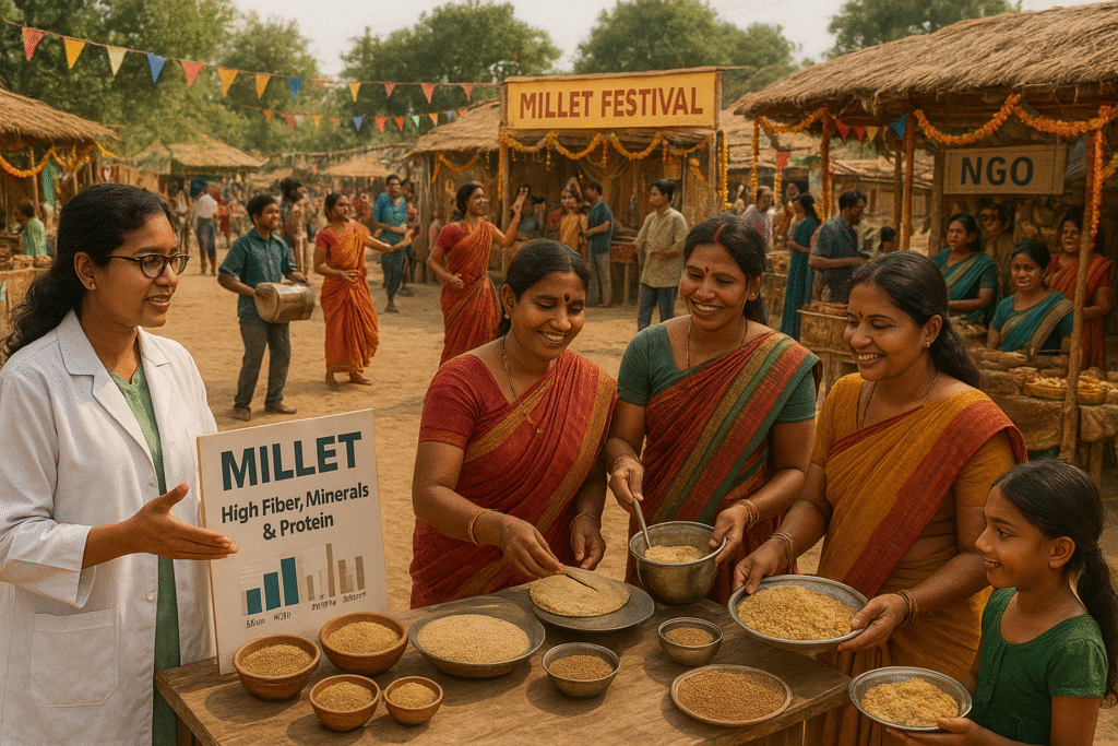 A rural millet festival scene with a nutritionist explaining the high fiber, mineral, and protein value of millets, while tribal women in traditional sarees prepare millet dishes. In the background, people enjoy cultural performances, NGO stalls, and community celebrations.