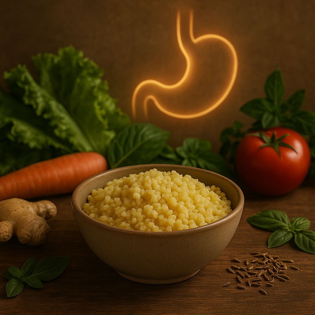 A bowl of millet porridge surrounded by fresh vegetables, cumin seeds, and ginger on a rustic wooden table, with a glowing stomach illustration in the background symbolizing digestion and bowel regularity.