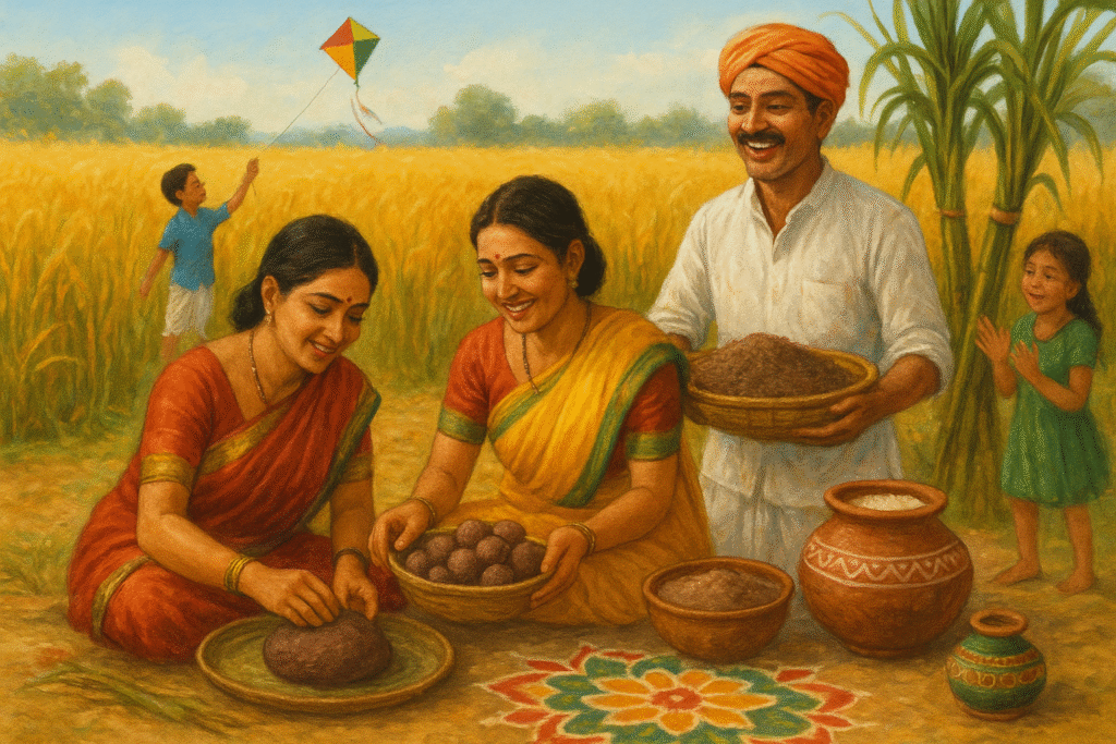 A rural Indian family celebrating harvest with ragi mudde, laddus, and traditional dishes during a festival, surrounded by golden fields and sugarcane.