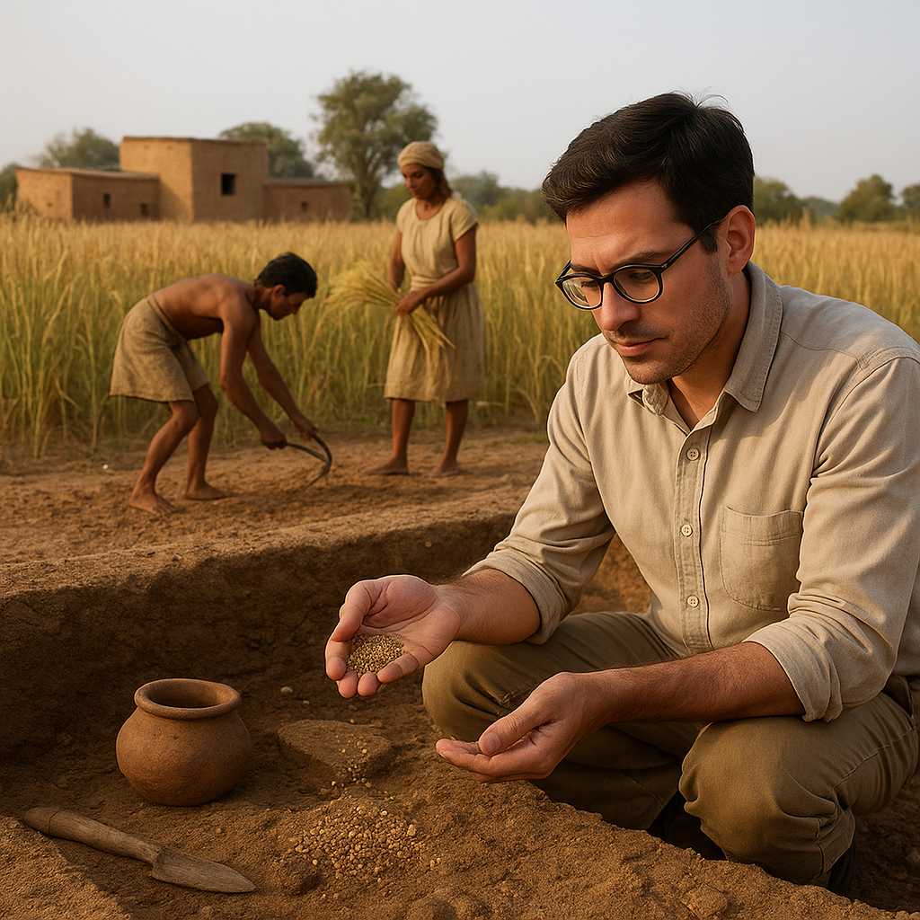 Archaeologist examining millet grains at an excavation site with farmers harvesting millet in the background near mud-brick houses in India
