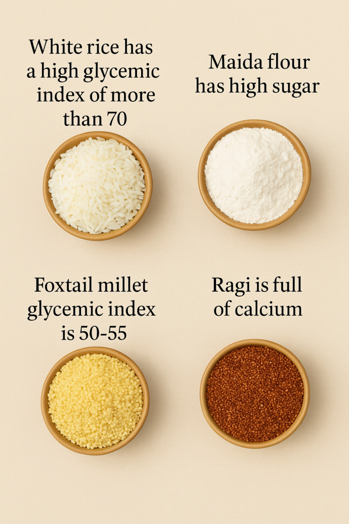 A health comparison showing bowls of white rice with high glycemic index, maida flour with high sugar, foxtail millet with low glycemic index, and ragi rich in calcium.