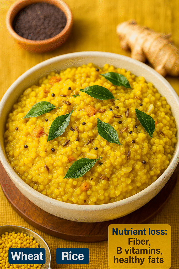 Close-up of a bowl of golden millet khichdi garnished with fresh curry leaves, cumin seeds, and ginger, placed on a wooden trivet with mustard seeds and ginger root in the background.