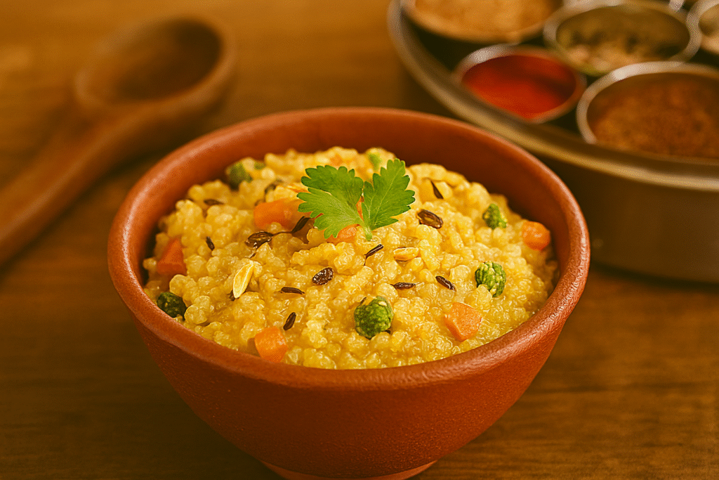 Close-up of a rustic clay bowl filled with golden millet khichdi, garnished with fresh coriander and sprinkled with cumin seeds, ajwain, and grated ginger; carrots and peas are visible in the dish, with a wooden ladle and spice box in the softly lit background.