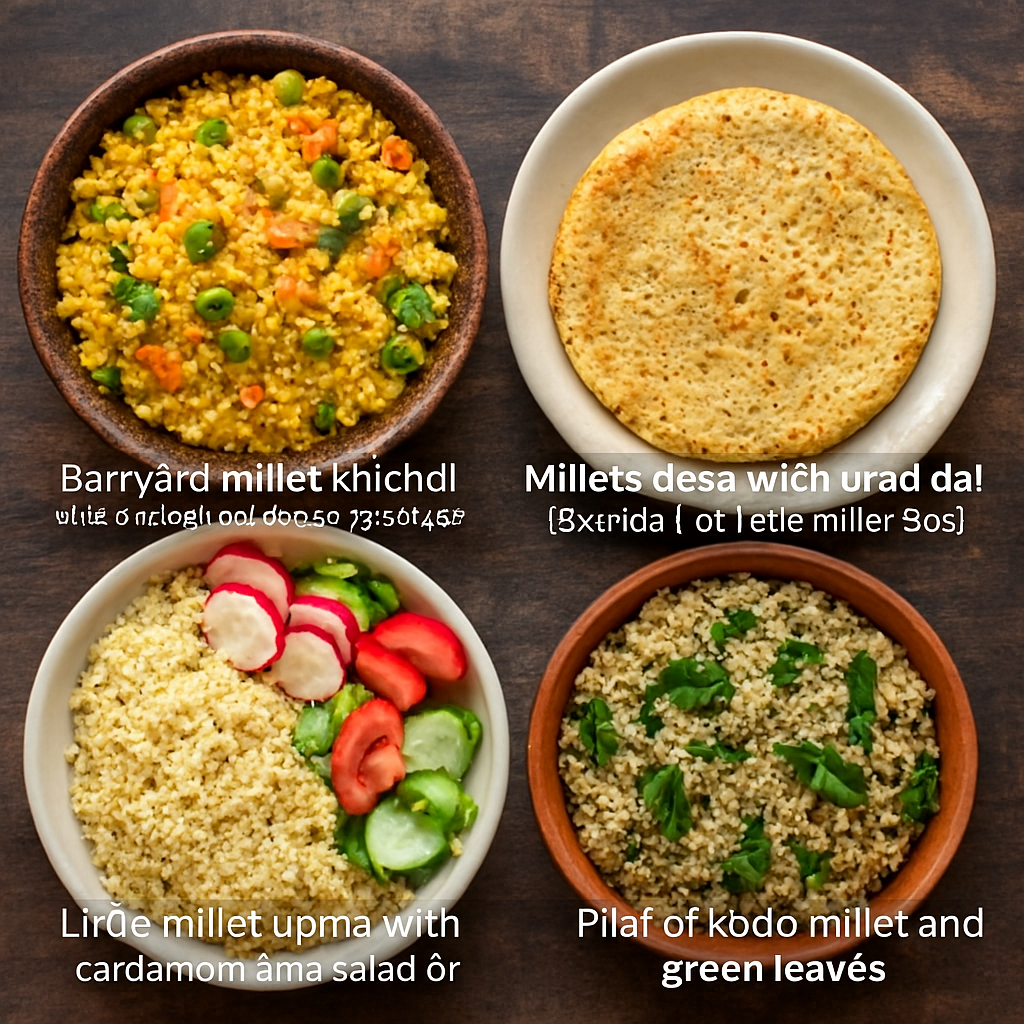 Four millet-based Indian dishes arranged on a rustic wooden surface: turmeric-spiced Barnyard millet khichdi with vegetables, golden millet dosa made with urad dal, little millet upma paired with radish and cucumber salad, and Kodo millet pilaf mixed with fresh green leaves.