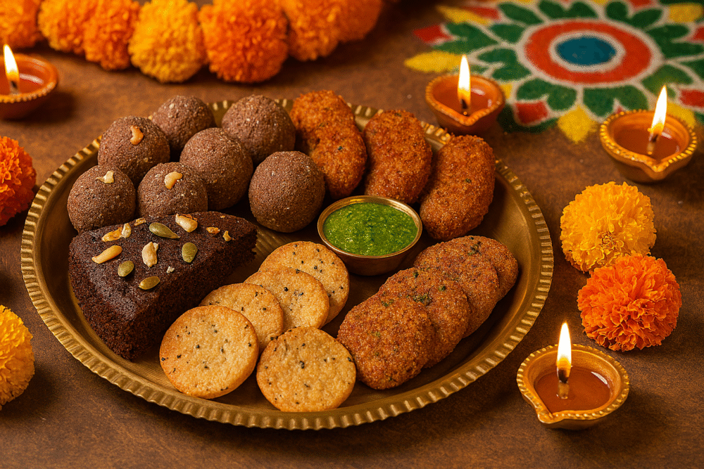 A festive Indian Diwali scene with glowing diyas, marigold flowers, and colorful rangoli in the background. At the center, a brass platter holds millet-based sweets and snacks including ragi laddoos, baked millet mathri, millet cutlets with green chutney, and a slice of ragi chocolate cake garnished with nuts and seeds.