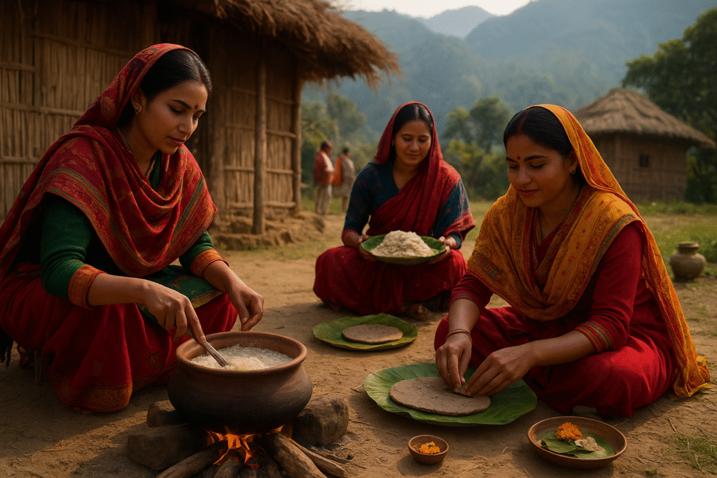 Three Indian women in traditional attire cooking millet porridge and shaping kuttu rotis on banana leaves outdoors, with bamboo huts and green hills in the background.