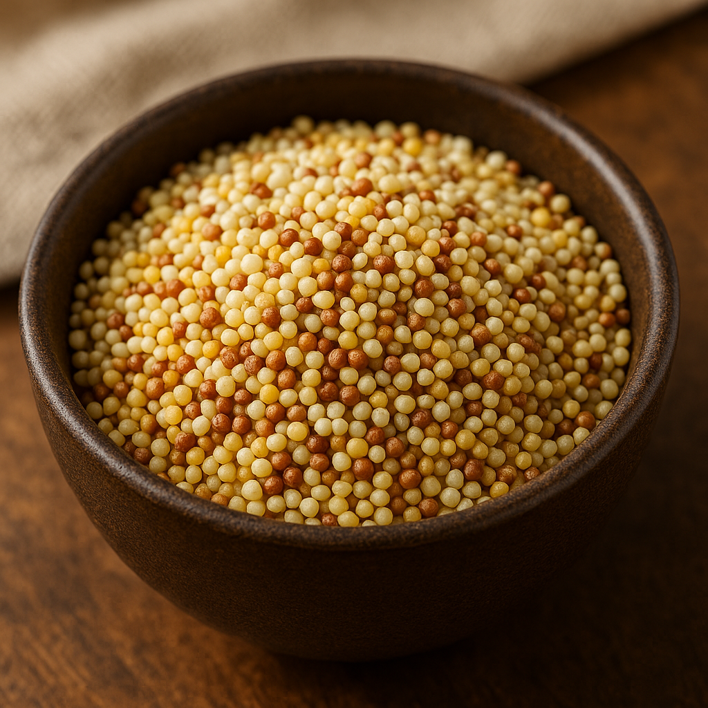 “Close-up of a rustic bowl filled with healthy millet grains, gluten-free and rich in fiber and protein, ideal for weight loss and diabetes control”