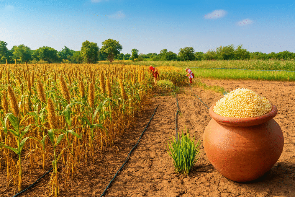 Golden millet field under bright sunlight with two farmers harvesting in the background; drip irrigation lines run through dry soil, and an earthen pot filled with millet grains sits beside a small patch of water-fed rice plants, highlighting sustainable farming.