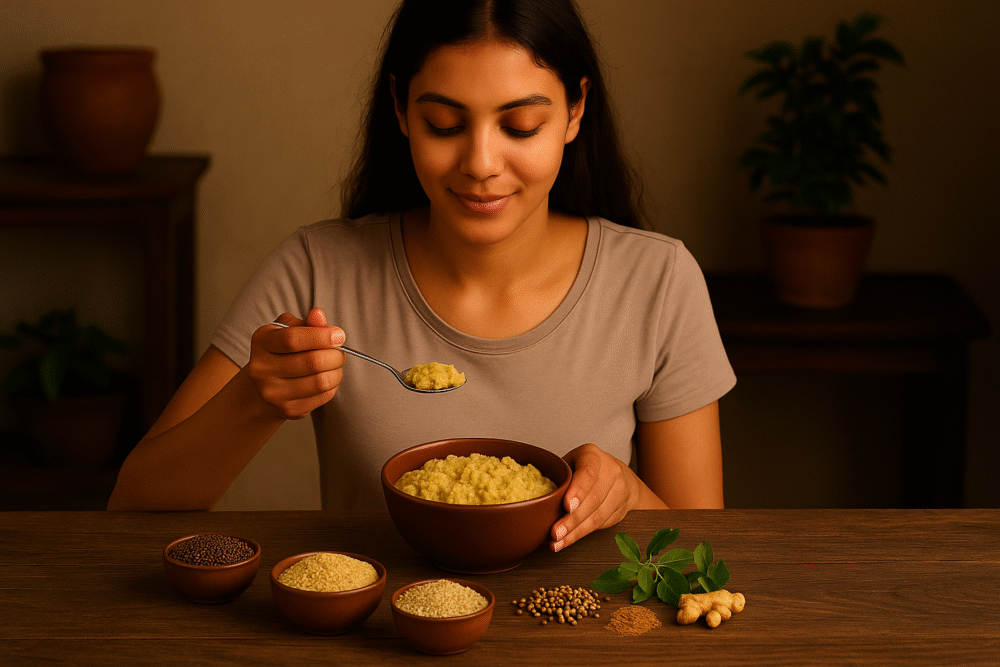 A serene Indian woman practicing mindful eating with a bowl of millet khichdi, surrounded by ragi, foxtail, and barnyard millet along with Ayurvedic herbs like tulsi, cumin, and ginger on a rustic wooden table.