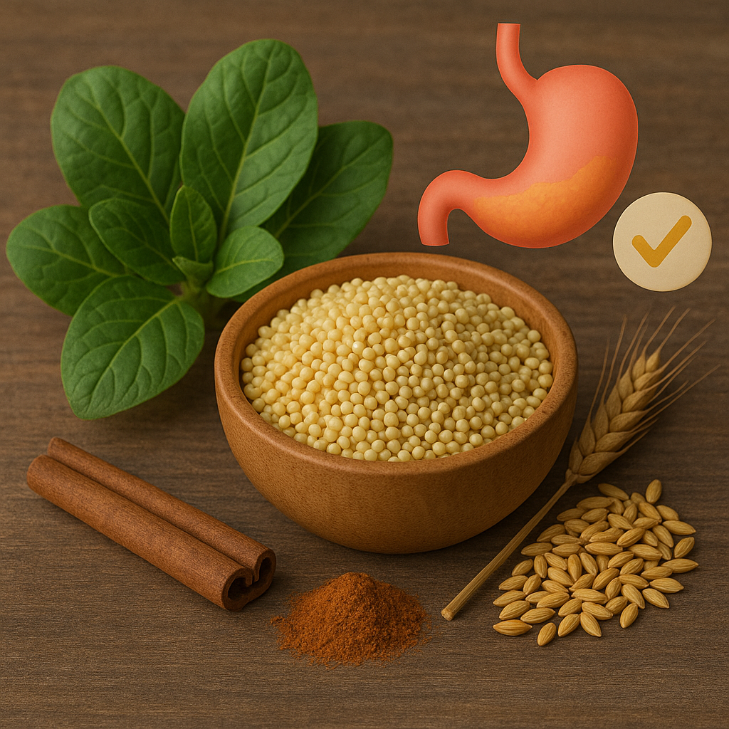 Wooden bowl of millet with spinach leaves, barley grains, and cinnamon sticks, alongside a stomach illustration symbolizing digestive health.