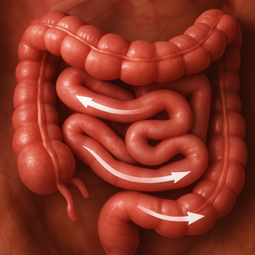 Realistic medical illustration of peristalsis showing muscular contractions moving food through the human intestines.