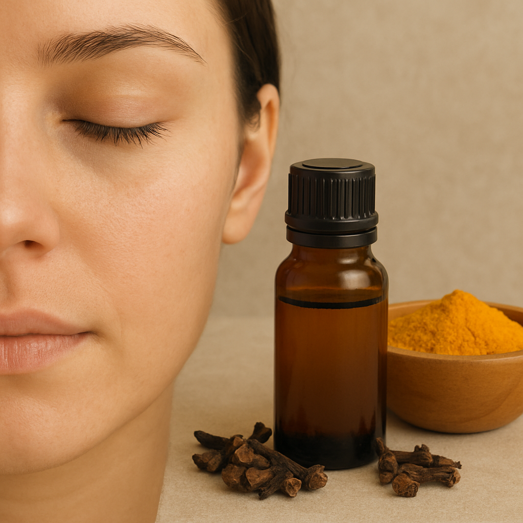 Close-up of a woman’s face next to an amber glass bottle of clove oil, whole cloves, and a wooden bowl of turmeric powder