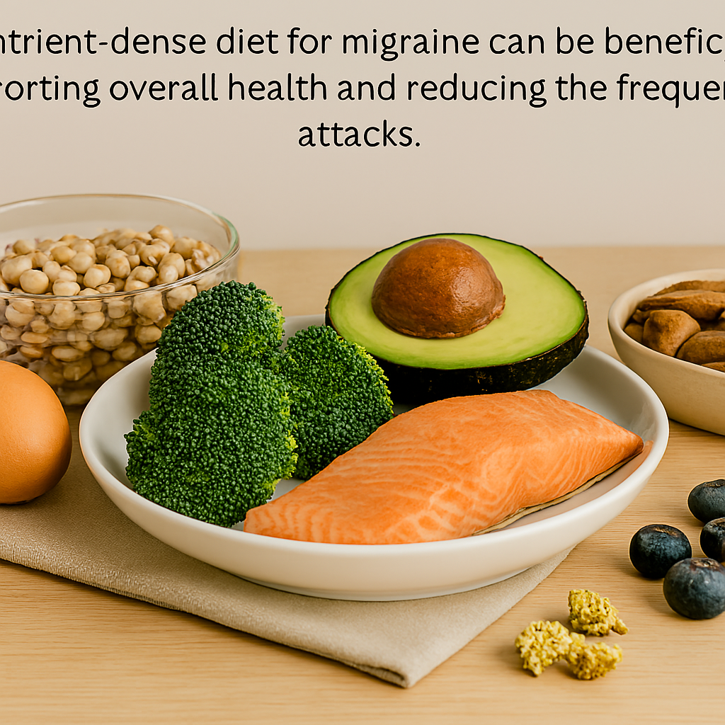A ceramic plate with cooked salmon, avocado, and broccoli is surrounded by chickpeas, almonds, blueberries, and a brown egg—representing a nutrient-dense diet for migraine relief.