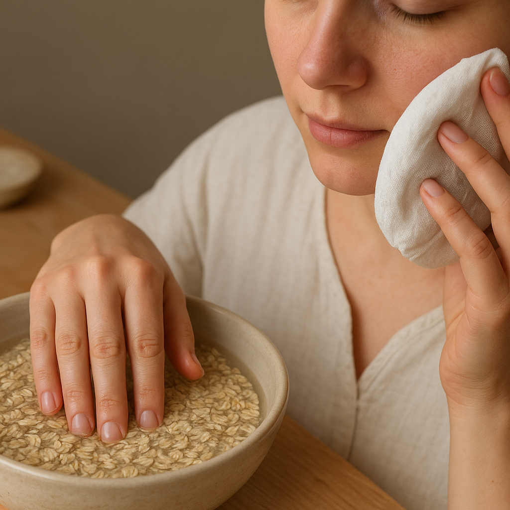 Woman practicing Ayurvedic skin remedy with oatmeal soak and cold compress while wearing loose cotton clothes