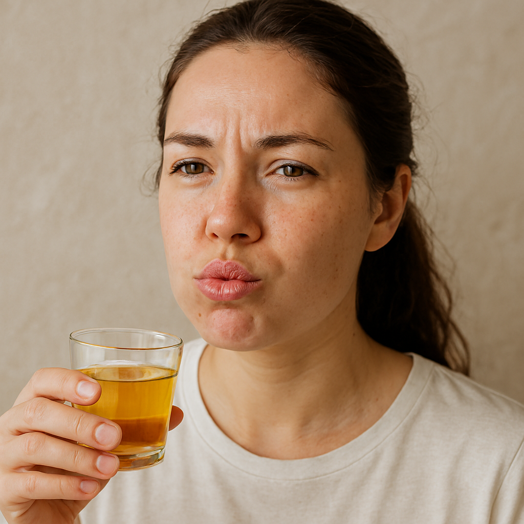 Morning detox ritual: swishing golden sesame oil to support oral hygiene and Ayurvedic wellness.