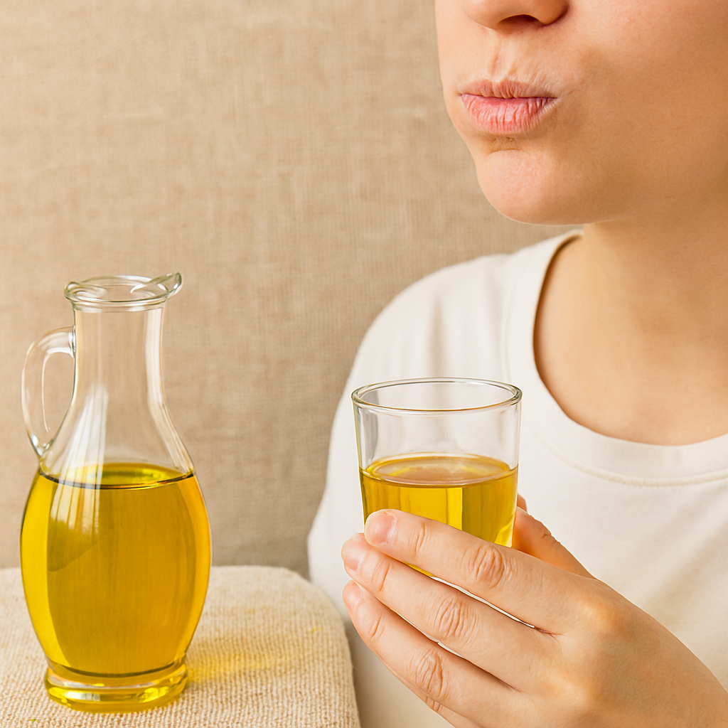 Close-up of a woman swishing golden oil in her mouth while holding a glass, with a bottle of oil placed on a soft beige surface.