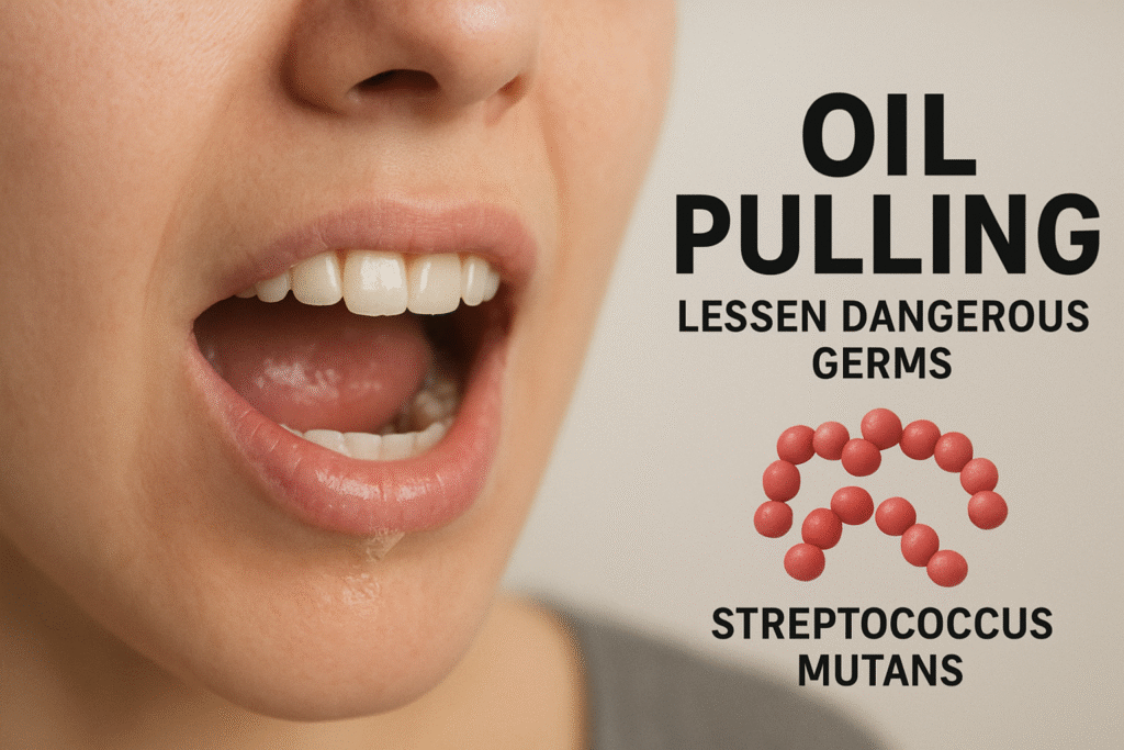 "Close-up of a person’s mouth with text about oil pulling benefits in reducing dangerous germs like Streptococcus mutans."