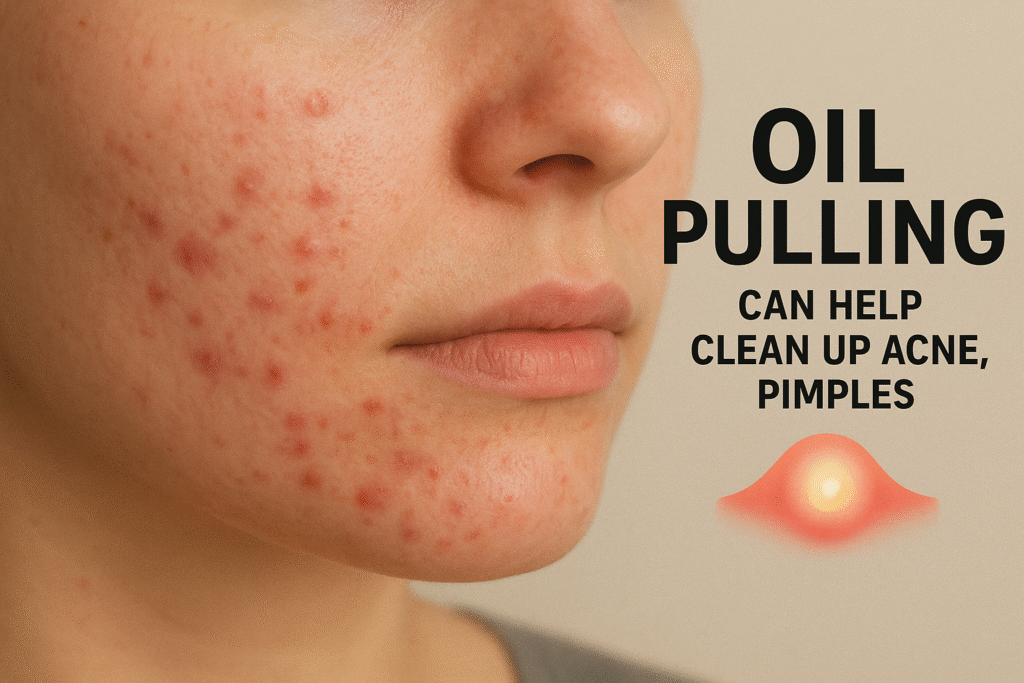 "Close-up of a person’s cheek with visible acne and text promoting oil pulling as a method to help clean up acne and pimples."